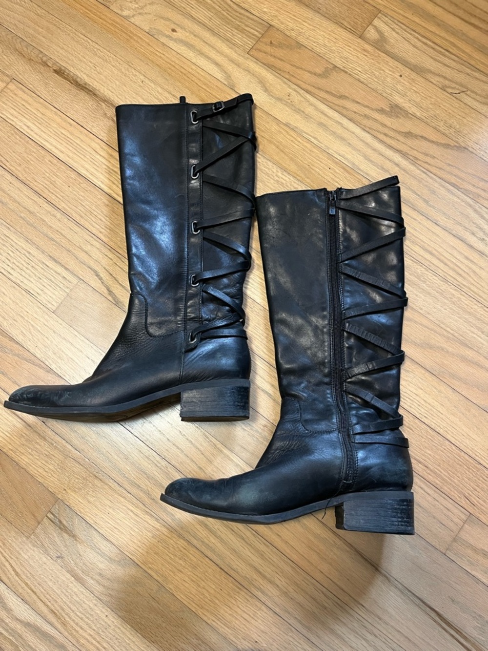 BCBG Black Leather Mid-Calf Lace-Back Boots